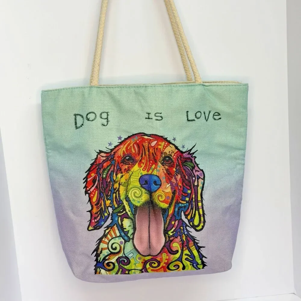 Dean Russo Dog Is Love Jute Tote Bag Colorful Golden Retriever Pop Art 17